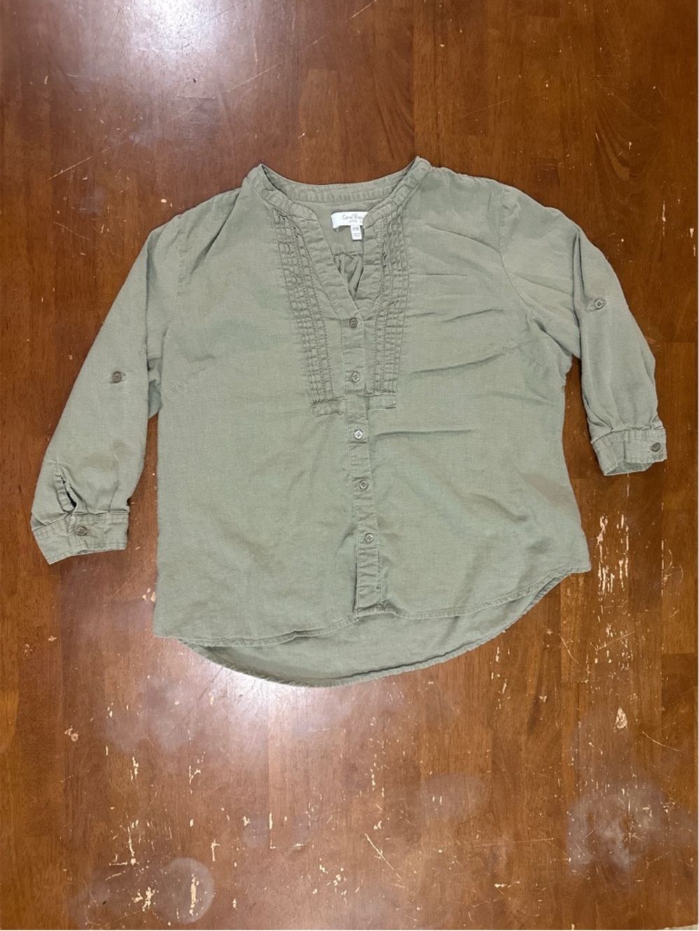 Coral Bay Linen/Rayon Blend Olive Green Pintuck Button Blouse Petite Medium